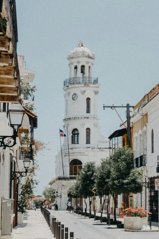 the street in front of an old church is quiet