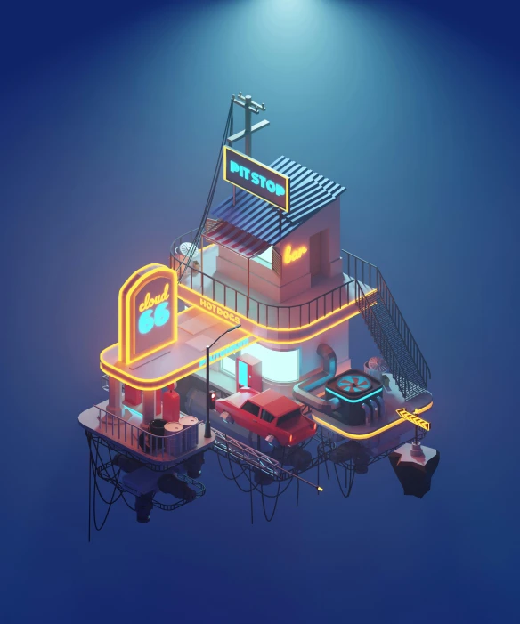 an artwork of a floating shopping center with a car