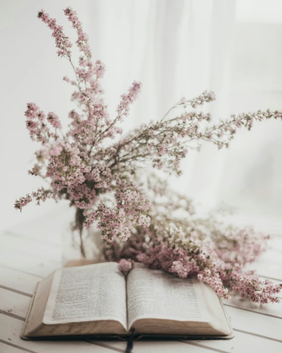 flowers are in vase with open book on table