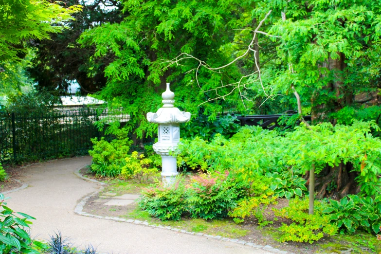 an image of a white fire hydrant in the middle of a garden