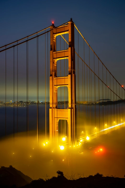 golden gate bridge lit up in the fog