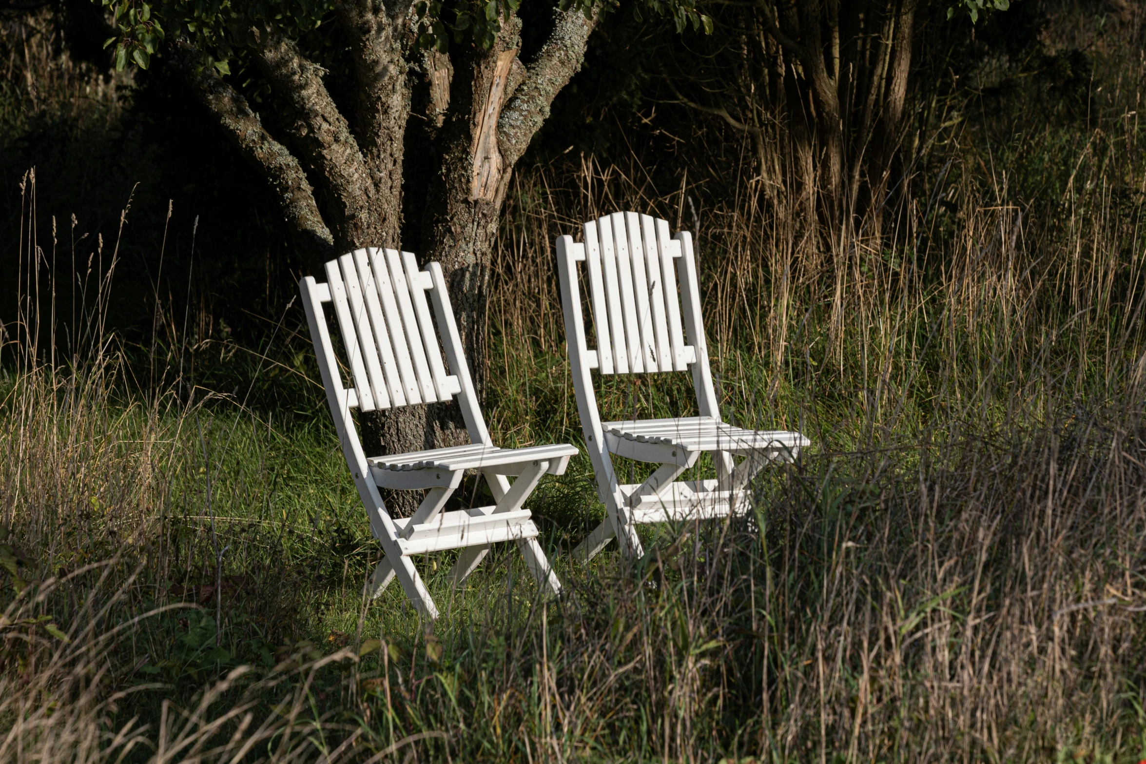 a pair of white wood chairs sitting in the grass