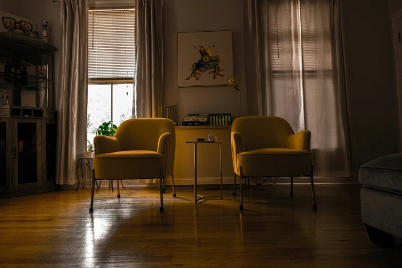 a couple of chairs sitting next to each other in a room