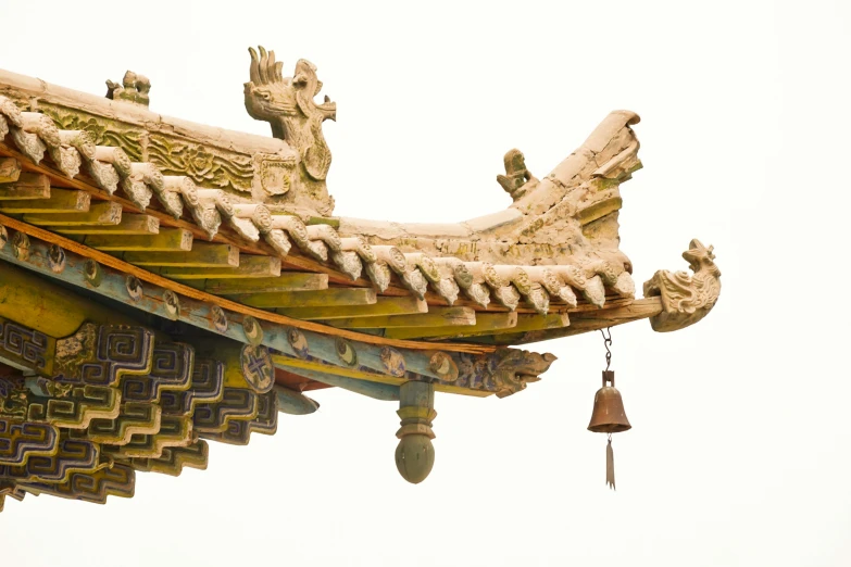 an oriental roof with bells hanging from it