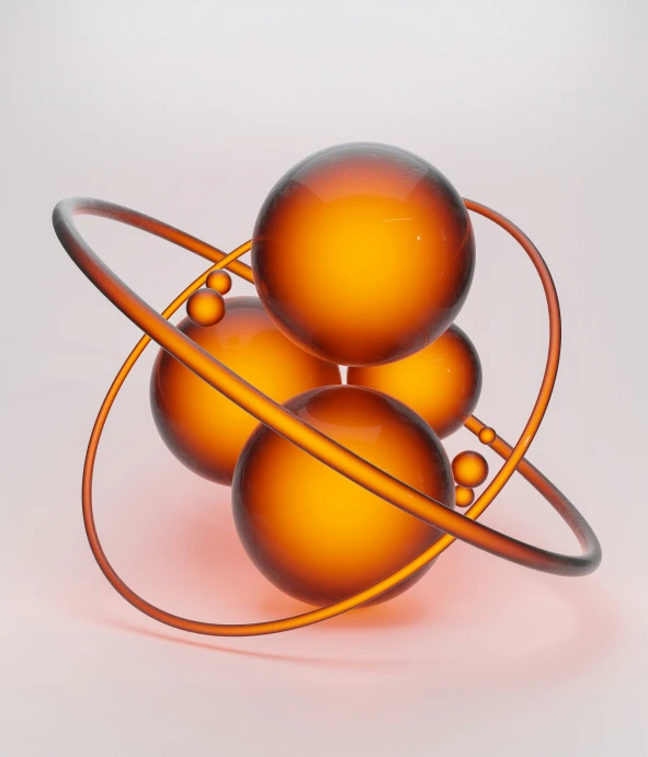 three brown spheres in a loop around some strings