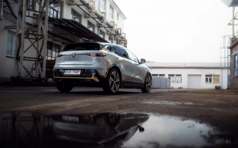 a close up of a parked car on a road