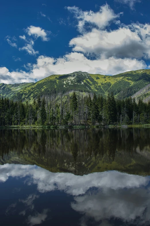 clouds reflecting in the still water of a mountain lake