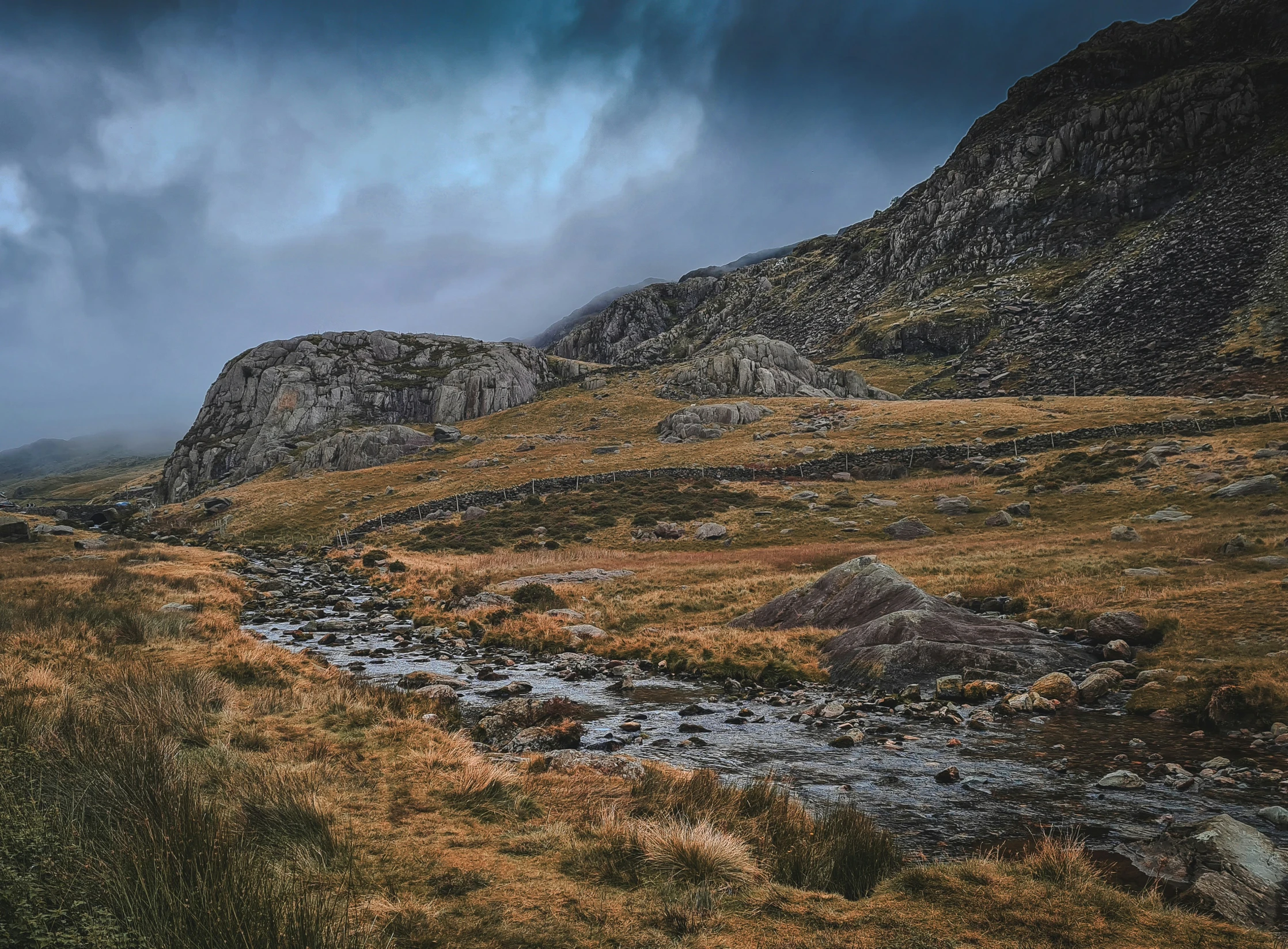 a stream and grassy area in the mountains