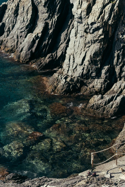 a person in red is walking down the rocks