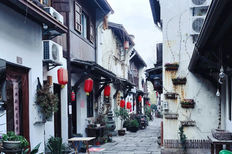 a cobblestone street lined with lots of house and trees