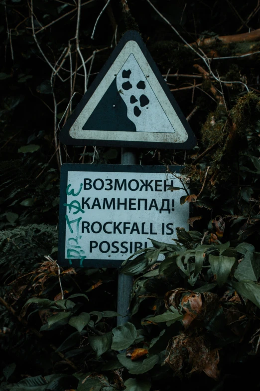 a sign stating rock falls is possible in a forest