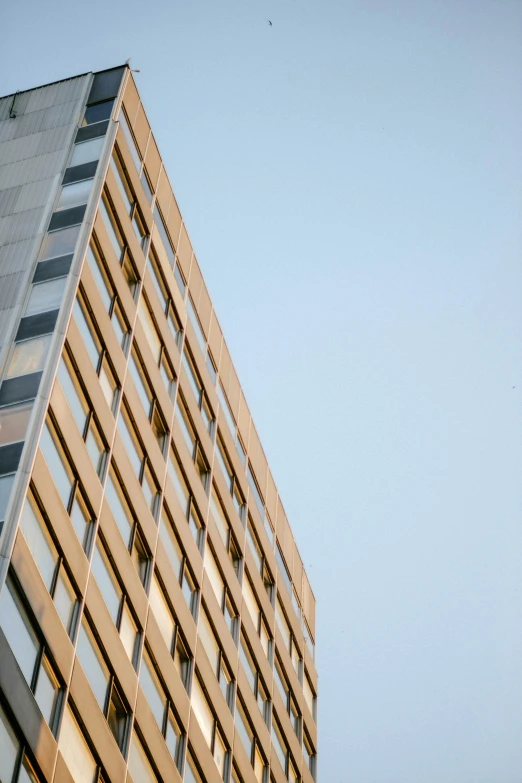 the top of a tall building, with a blue sky behind it