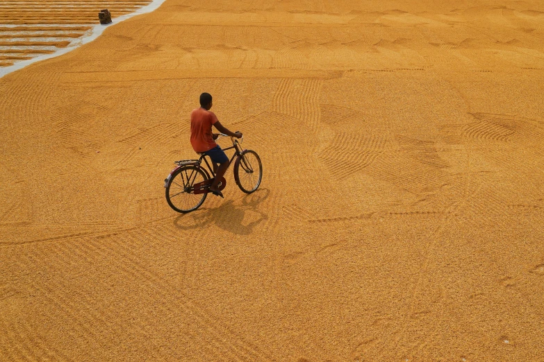 a person riding a bike on a beach