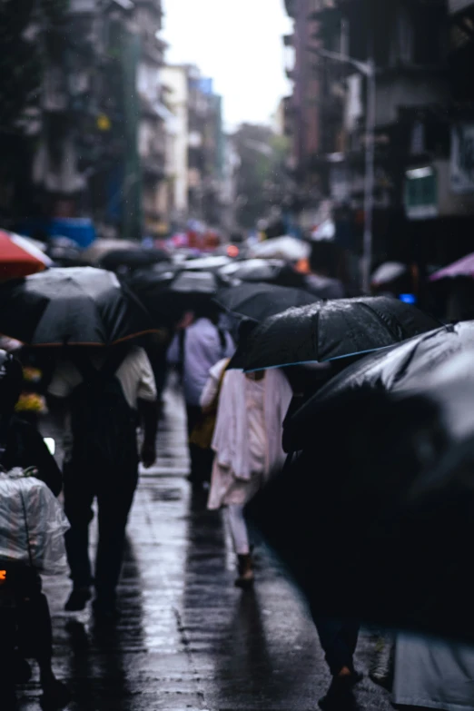 people walk under umbrellas on a wet street