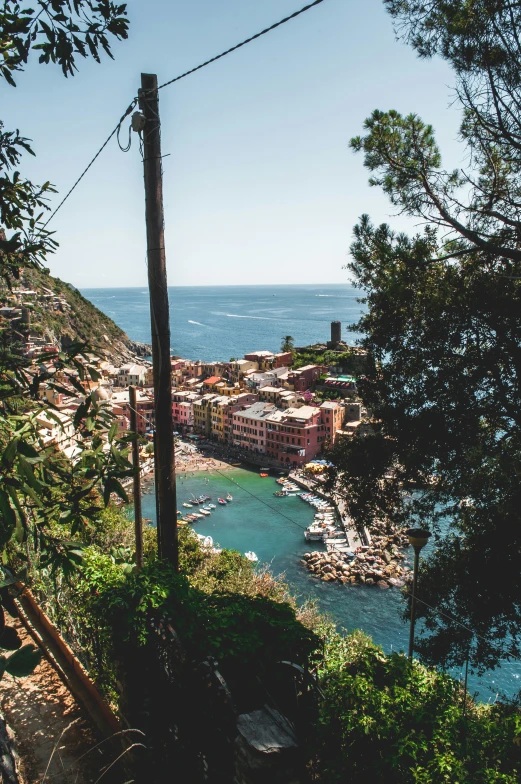 the view over some water and a small village