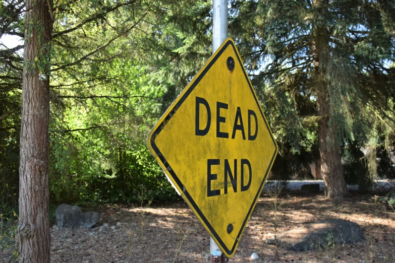 a yellow dead end sign next to some trees