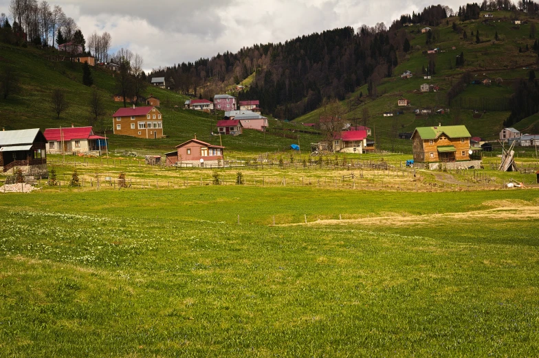 houses with a mountain view are seen in the background