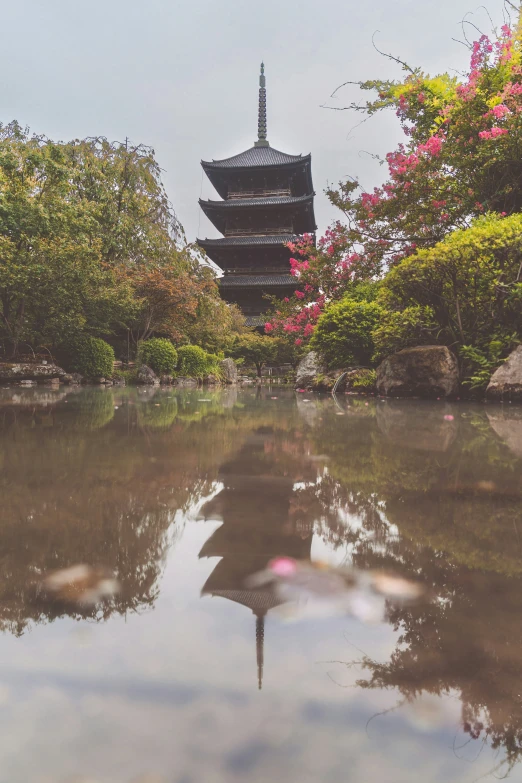 a pagoda is in the middle of a pond with a reflection