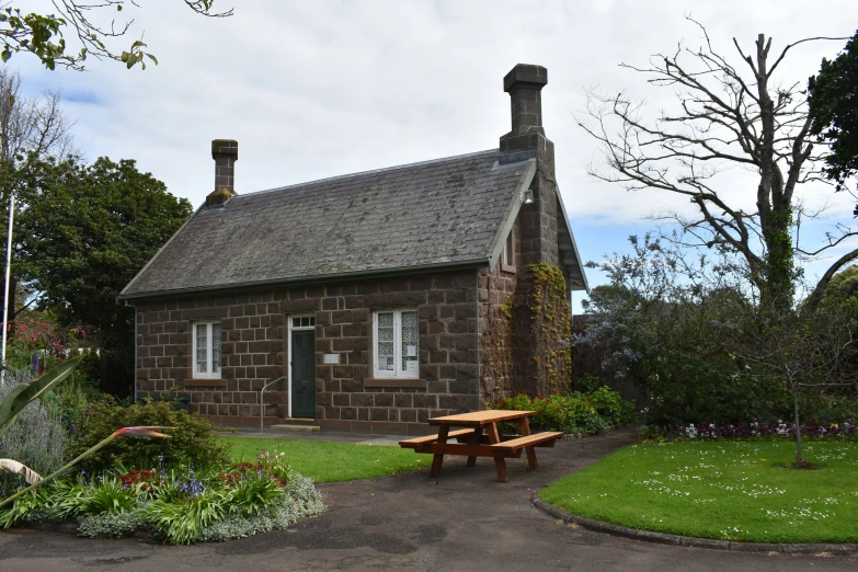 two benches in front of a brick house