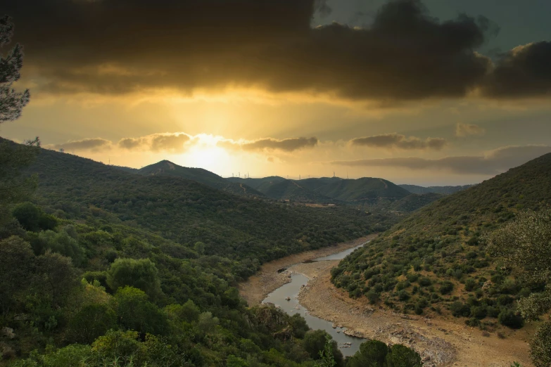 an empty river surrounded by trees with the sun setting in the distance