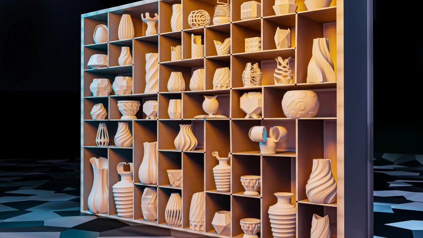 several shelves in the shape of vases and bowls