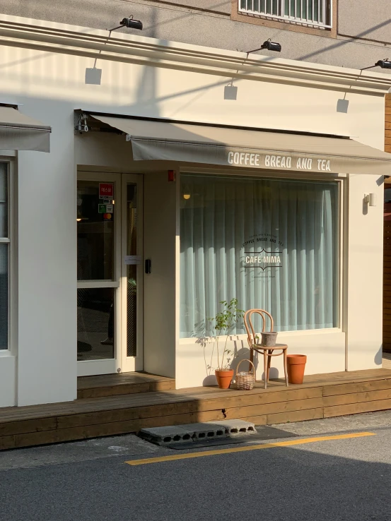 a storefront on a city street has a plant in front