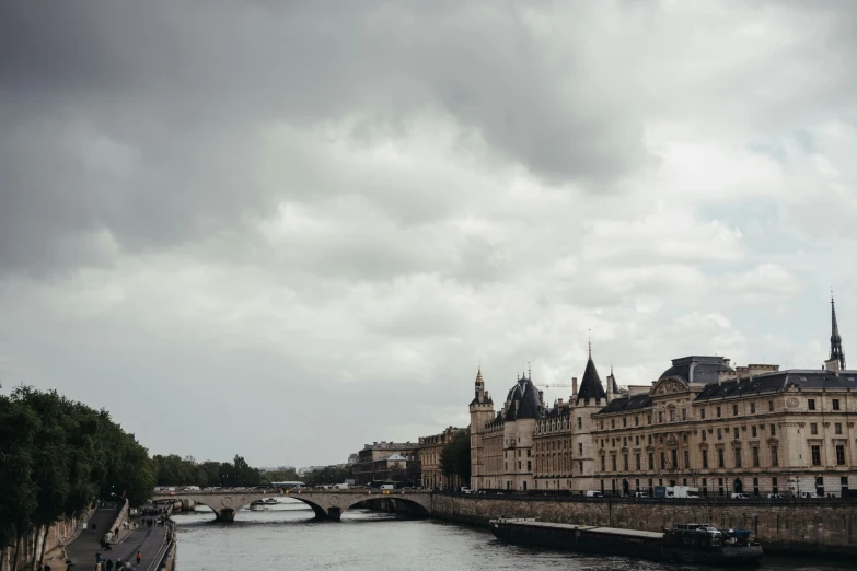 an over head view of a waterway and old buildings on the other side