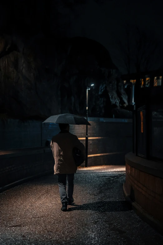 the man is walking along the road with an umbrella