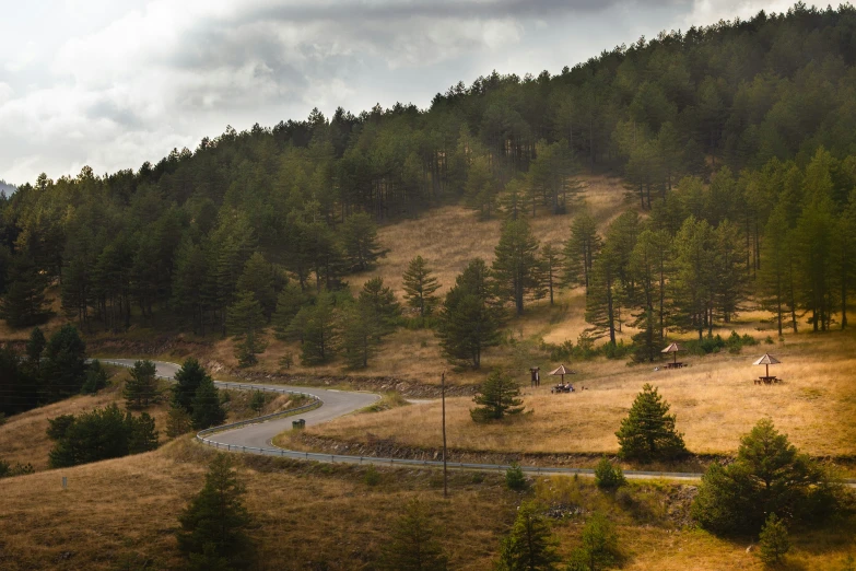 a mountain side road in front of a wooded mountain