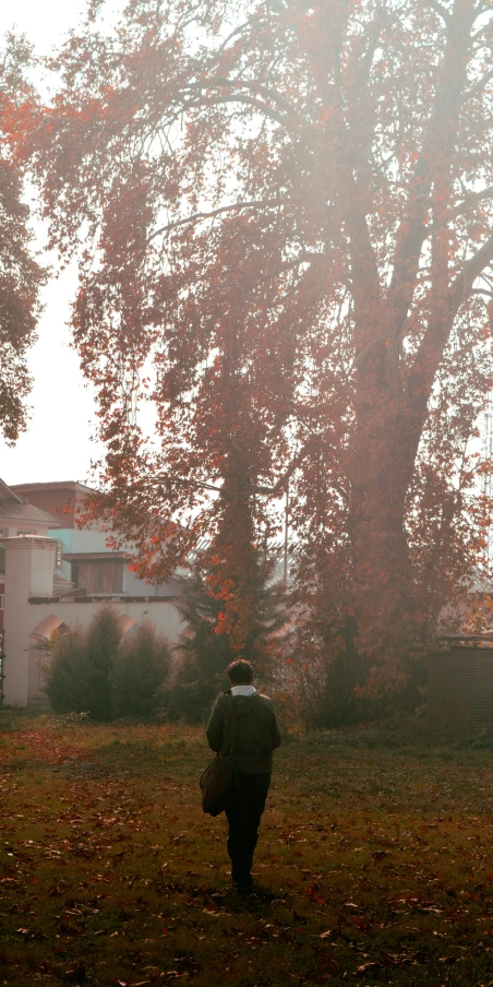 man walking away from a white house under a tree