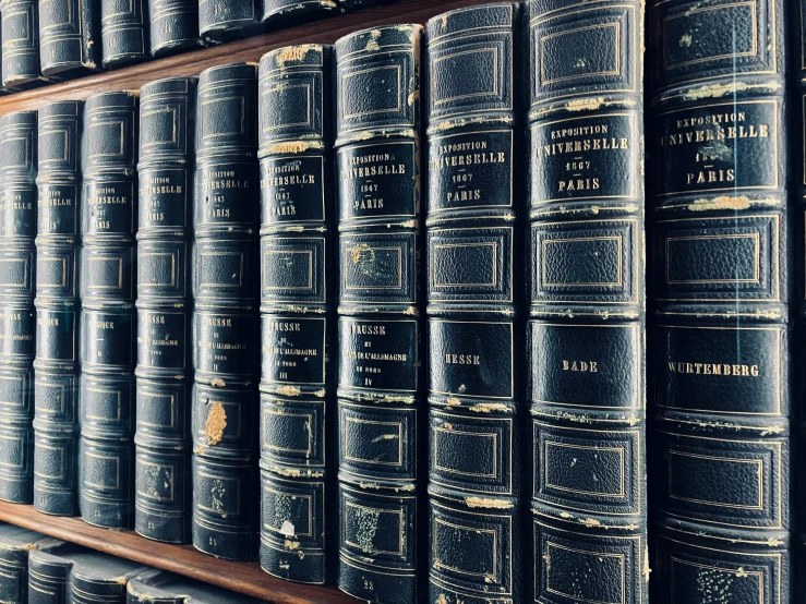 old books lined up on a shelf behind them