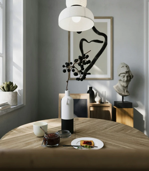 a wooden table with plates and cups in it