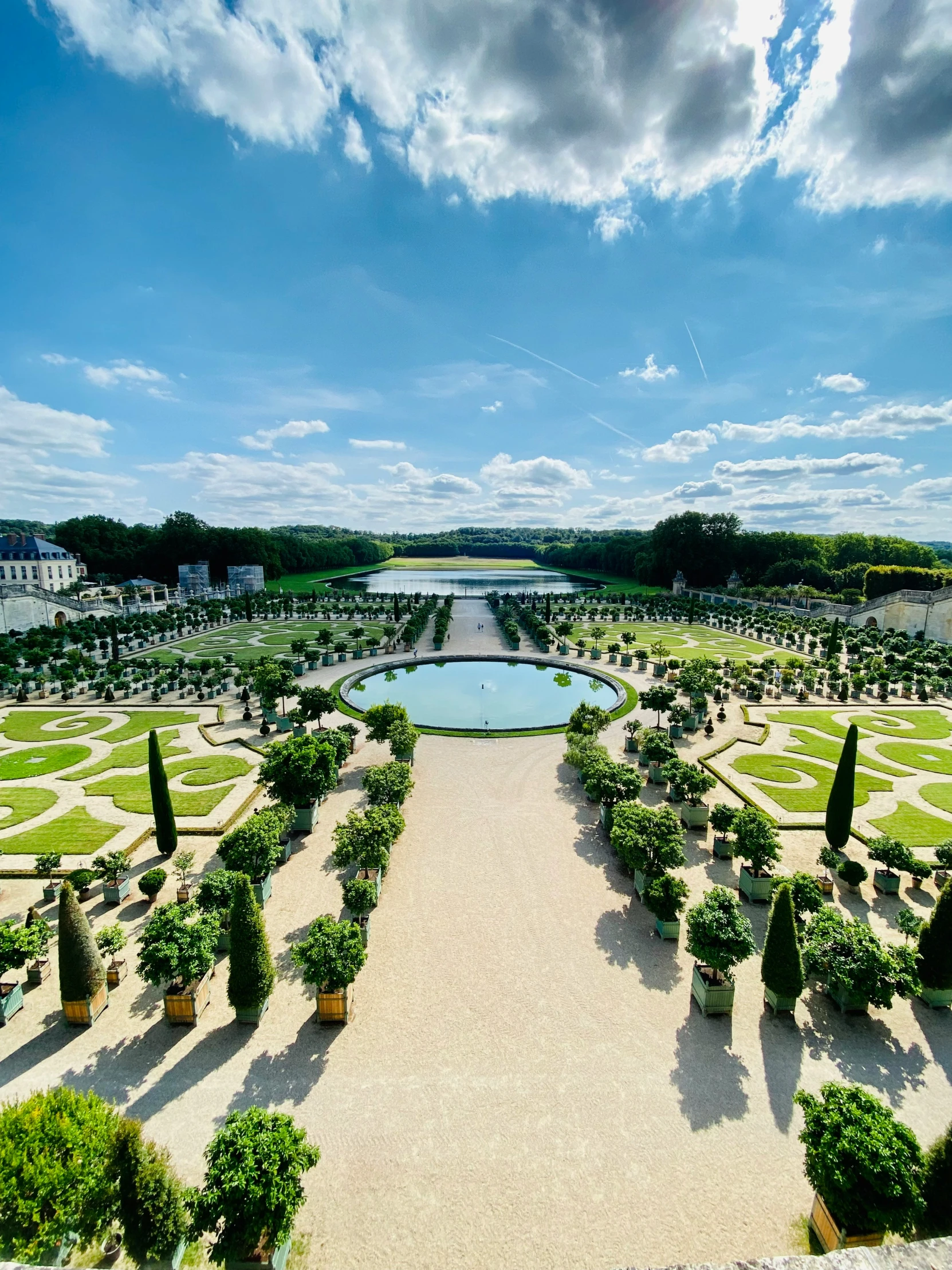 an open air garden with trees and water