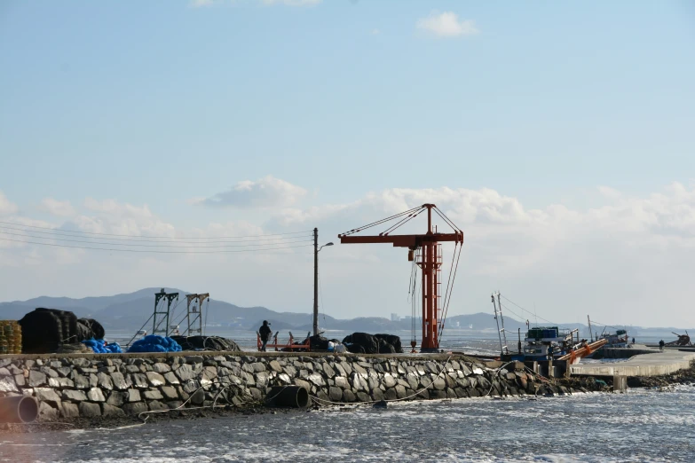 people stand on the dock while other cranes are in the background