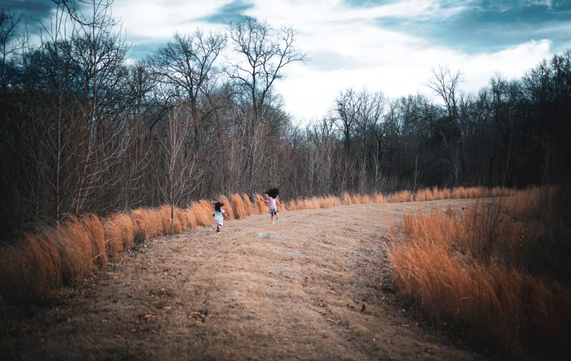 two people walk down a path in the woods