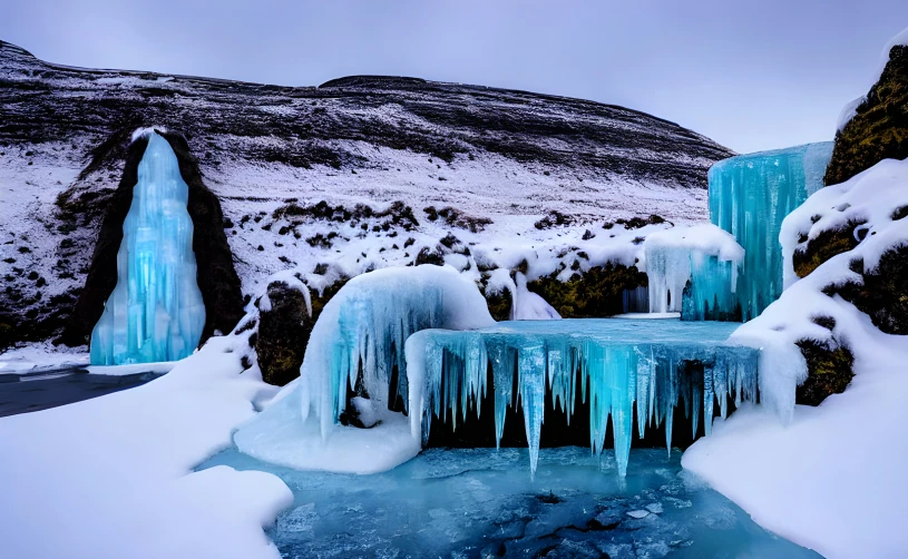 the water looks so crystaly blue, ice is melting and then is melting ice chunks