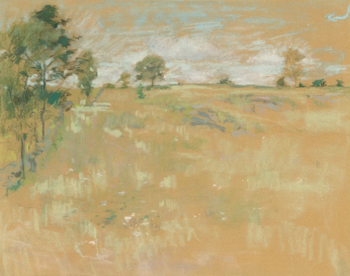 a painting shows an orange field with a brown and blue sky