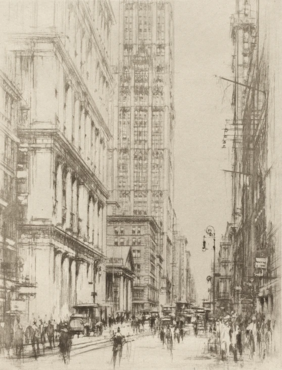 an artistic pencil drawing of people in a city street