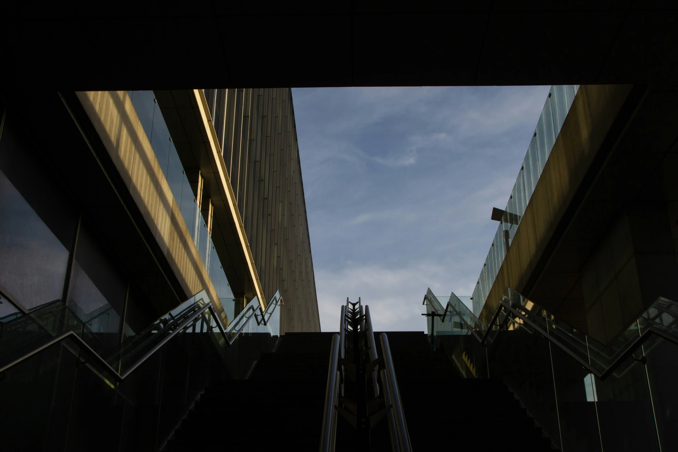 the view from the top of escalators of high rise buildings