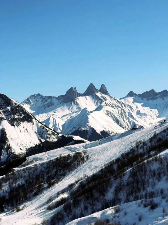 the mountain landscape features snow, trees and grass