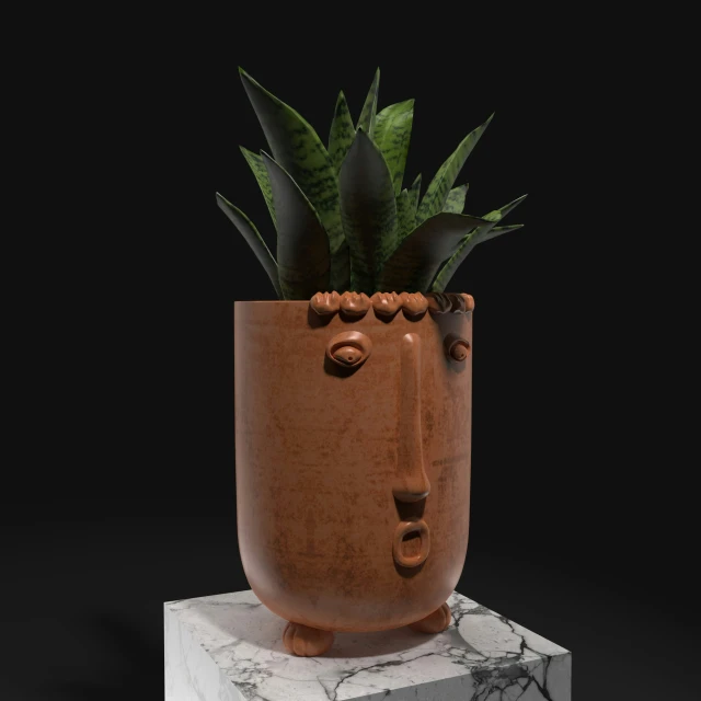 a clay planter with green plants in it
