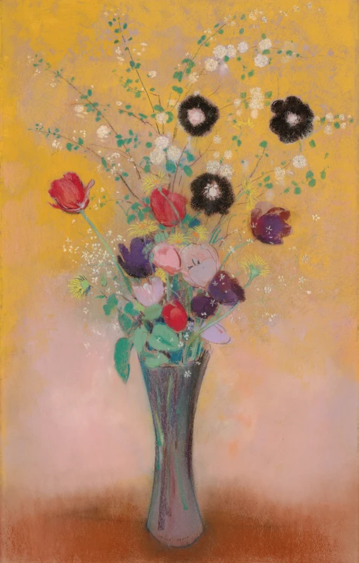 a painting with flowers in a vase on a yellow background