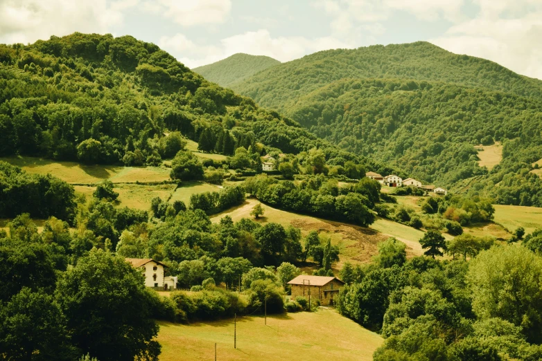 a scenic view of a valley with houses on the side and trees around