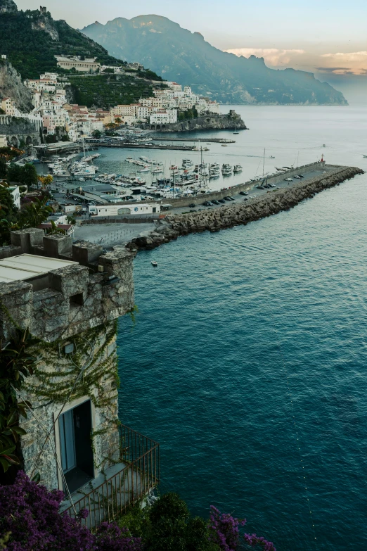 some water a dock buildings and a hill and flowers