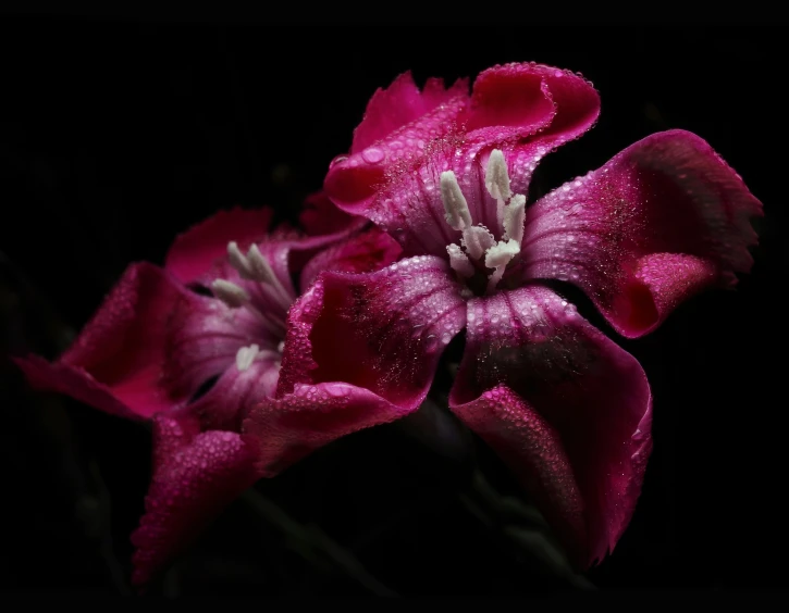 an orchid with pink flowers in the middle of dark room