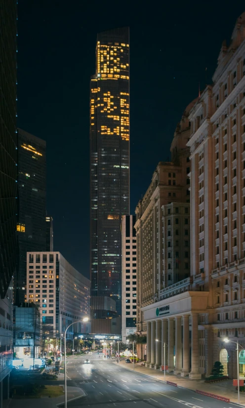 a city skyline with street lights at night