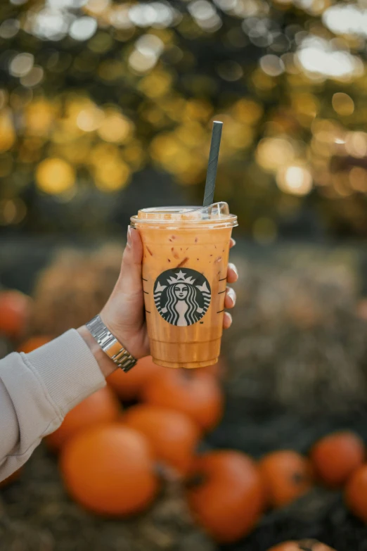 someone is holding a cup of starbucks orange drink