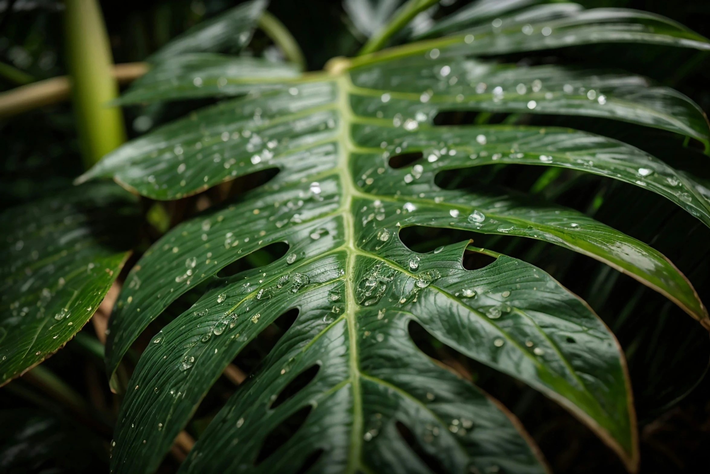 a close up of some leaves with water droplets