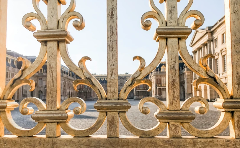 an elaborate wrought iron fence in front of buildings