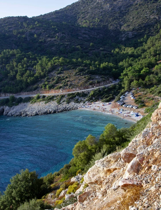 there are many trees and some rocks next to the water